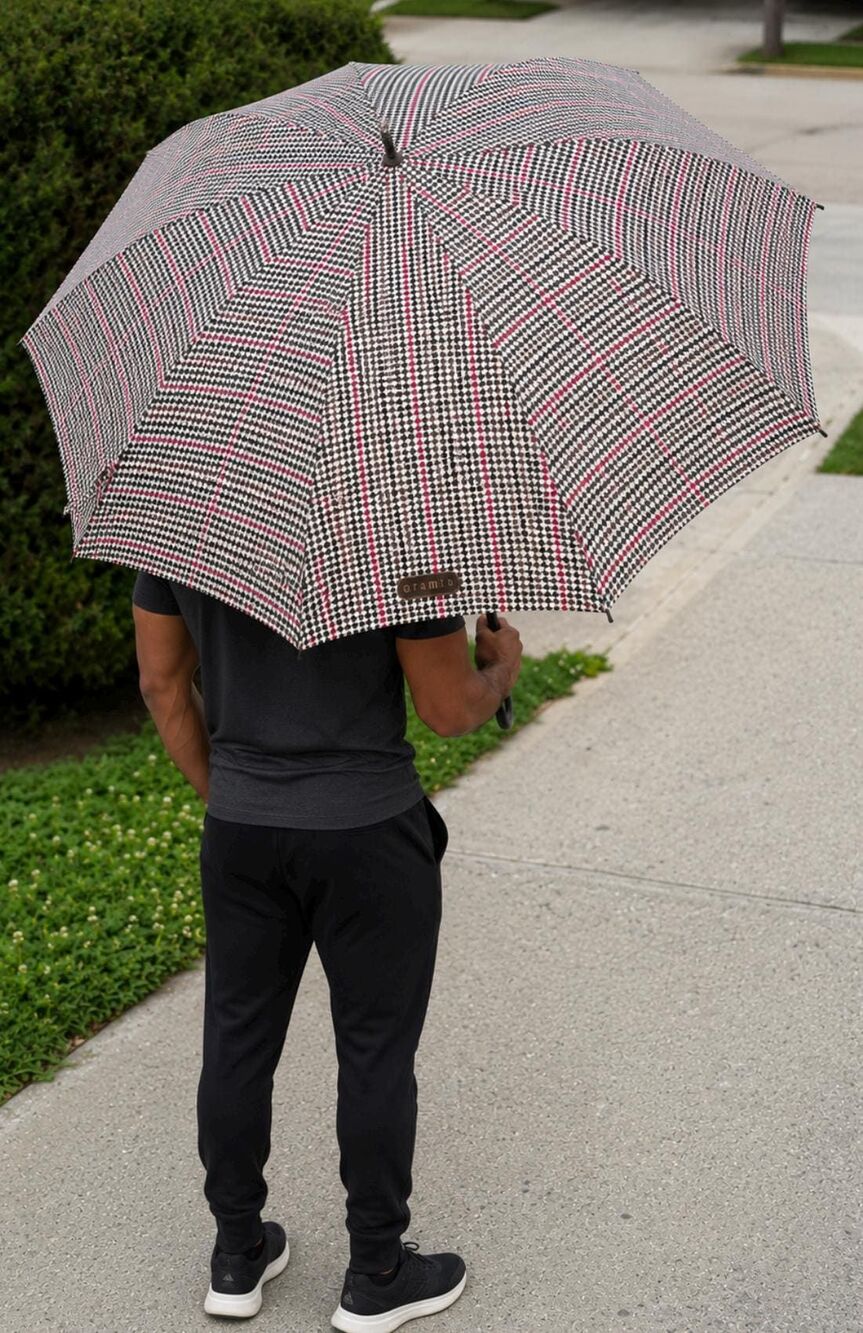 Vintage Aramis Houndstooth Umbrella Dog Head Handle Walking 42 Inch Canopy